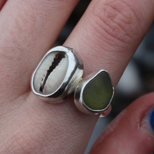 Sea worn: cowrie shell and seaglass ring size R