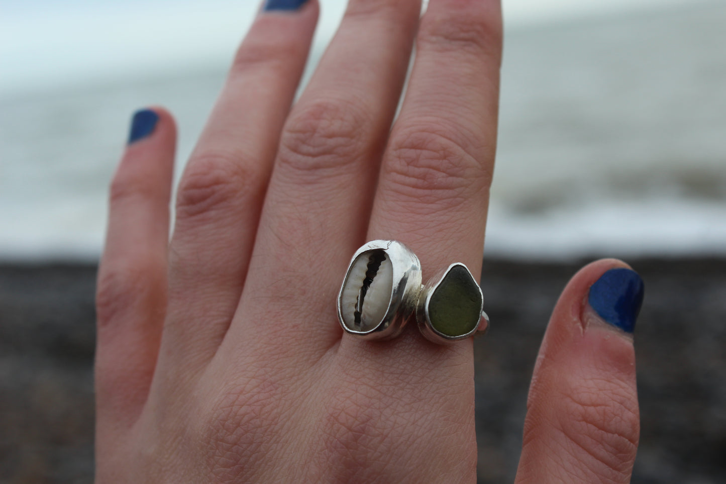 Sea worn: cowrie shell and seaglass ring size R